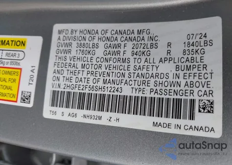 2025 Honda Civic Sport z USA, uszkodzony, nr VIN 2HGFE2F56SH512243